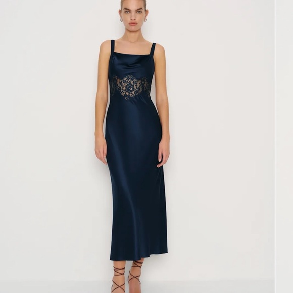 Reformation Dresses & Skirts - Reformation Evelyne Navy Silk Slip Dress with Lace Waist